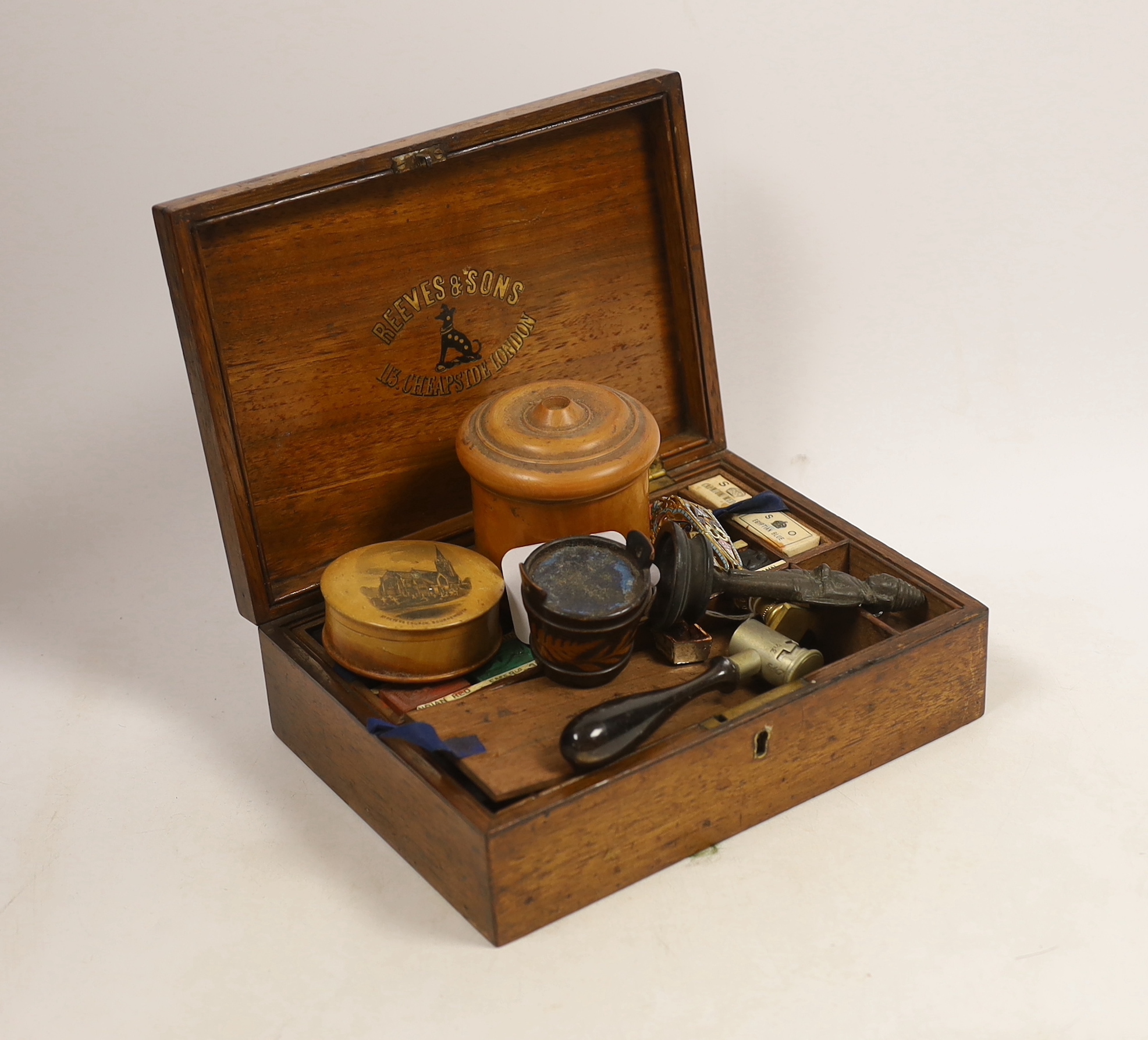 A Reeves & Sons wooden artist's watercolour box, an enamel seal, three items of treen and a gunpowder measure